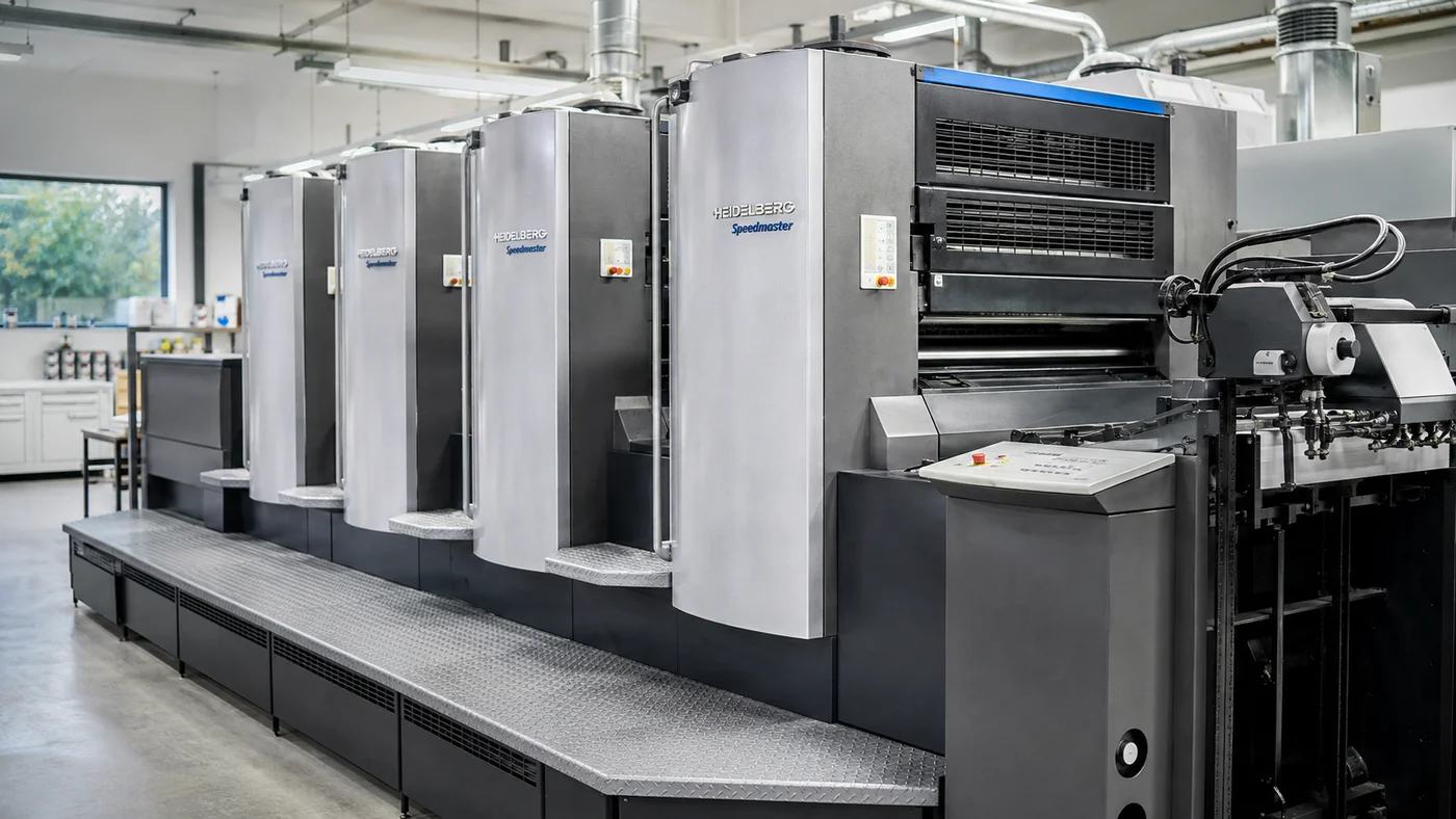 Angled view of the Heidelberg offset production floor